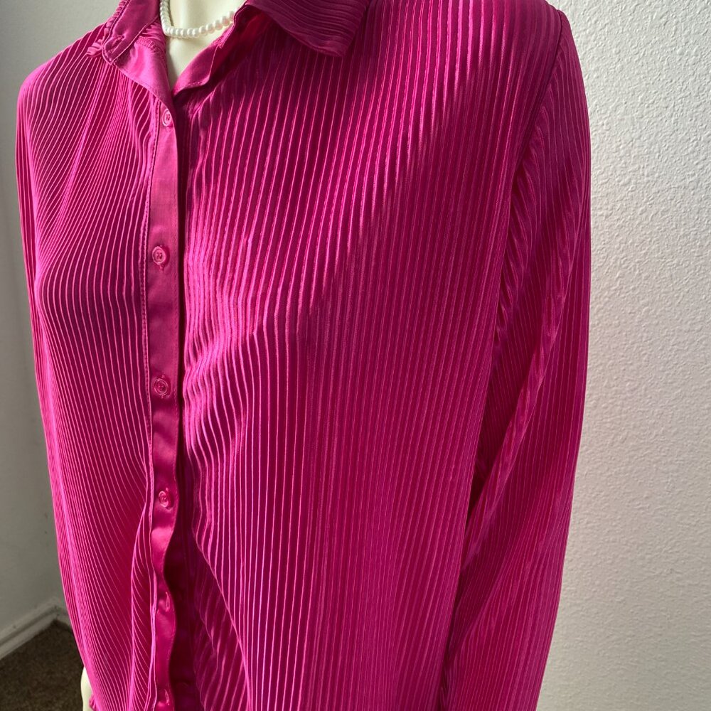 Truself Womens Blouse Medium Pink V-Neck Collared Long Sleeve Stretch Retro - Picture 2 of 3